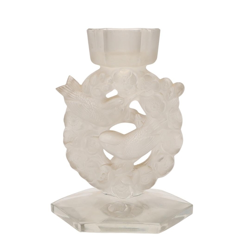 560 - ANTIQUE LALIQUE CANDLESTICK - MESANGES. A frosted and clear glass candlestick in the Mesanges design... 