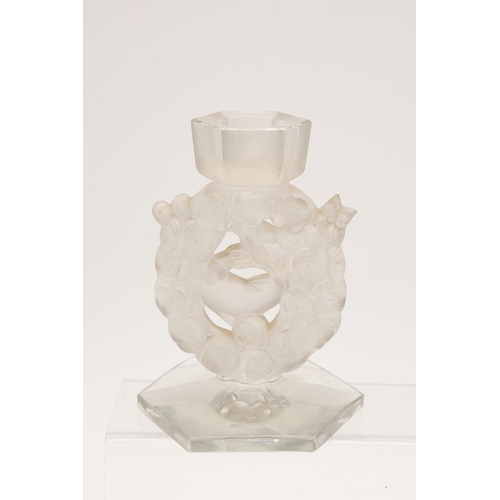 560 - ANTIQUE LALIQUE CANDLESTICK - MESANGES. A frosted and clear glass candlestick in the Mesanges design... 