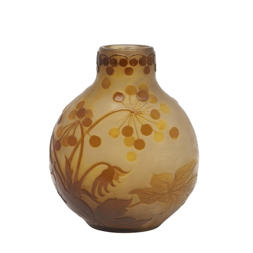 577 - GALLE CAMEO GLASS VASE. A Galle cameo glass vase, etched with flowers and berries in brown and yello... 