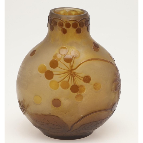 577 - GALLE CAMEO GLASS VASE. A Galle cameo glass vase, etched with flowers and berries in brown and yello... 