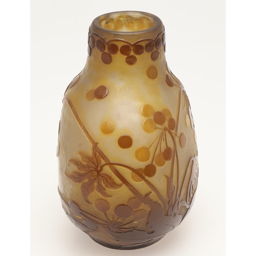 577 - GALLE CAMEO GLASS VASE. A Galle cameo glass vase, etched with flowers and berries in brown and yello... 