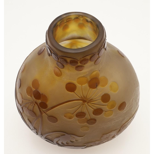 577 - GALLE CAMEO GLASS VASE. A Galle cameo glass vase, etched with flowers and berries in brown and yello... 