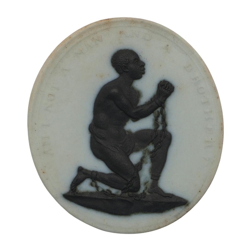 582 - A WEDGWOOD ANTI-SLAVERY MEDALLION, C. 1787. depicting a figure kneeling in supplication, his ankles ... 