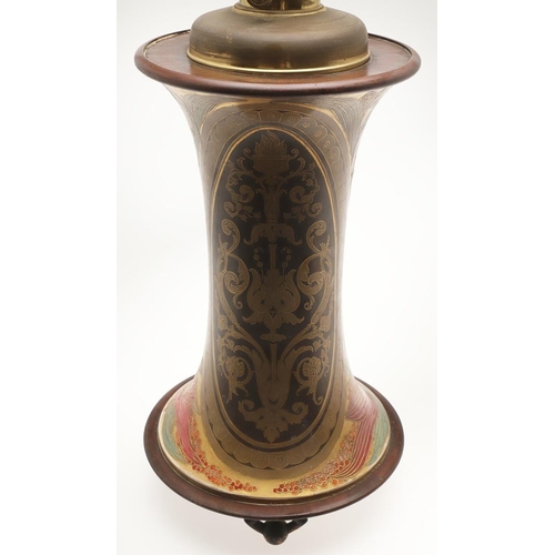 585 - LARGE ART NOUVEAU OIL LAMP. A large and unusual pottery oil lamp, of waisted form with an Art Nouvea... 