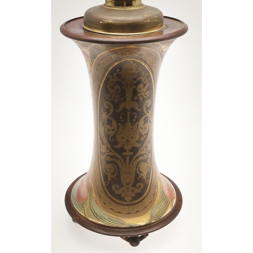 585 - LARGE ART NOUVEAU OIL LAMP. A large and unusual pottery oil lamp, of waisted form with an Art Nouvea... 