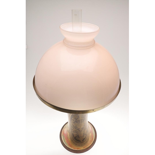 585 - LARGE ART NOUVEAU OIL LAMP. A large and unusual pottery oil lamp, of waisted form with an Art Nouvea... 