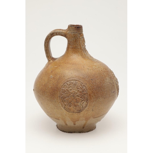 598 - ANTIQUE BELLAMINE JUG. Possibly 17thc or 18thc, a salt glazed bellamine jug with a mask below the ri... 