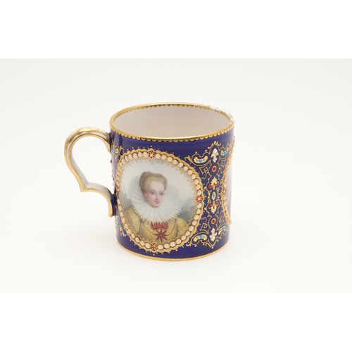 600 - A SEVRES STYLE BLUE GROUND JEWELLED CABINET CUP AND SAUCER. late 19th century, the cup painted with ... 