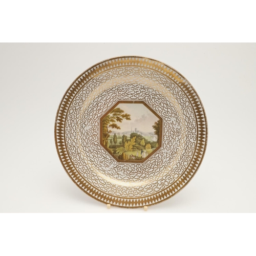 603 - A CHAMBERLAIN WORCESTER TOPOGRAPHICAL DESSERT PLATE, TWO CUPS AND A SAUCER, C. 1805-1815. each decor... 