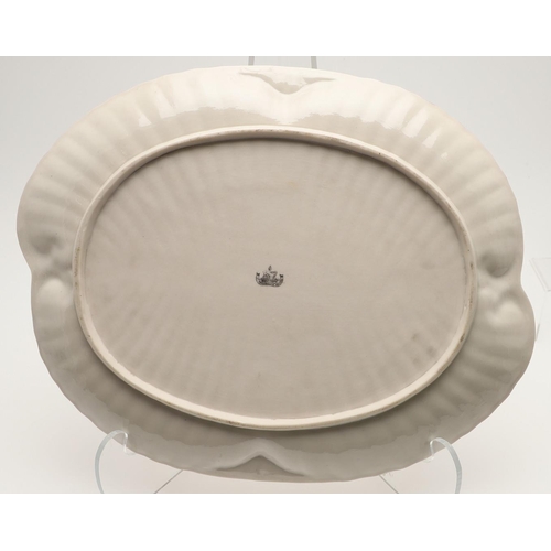 604 - BELLEEK TRAY & TEA SERVICE. A large shell shaped tray with a pink coloured rim (41.5cms across), als... 