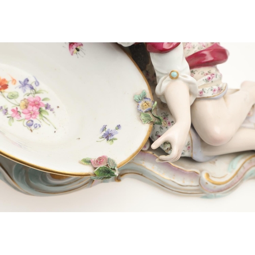 611 - PAIR OF MEISSEN FIGURAL DISHES. A pair of Meissen sweet meat dishes, modelled as a lady and gent hol... 