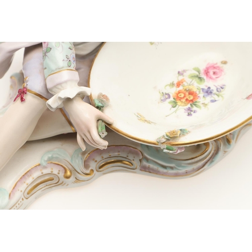 611 - PAIR OF MEISSEN FIGURAL DISHES. A pair of Meissen sweet meat dishes, modelled as a lady and gent hol... 