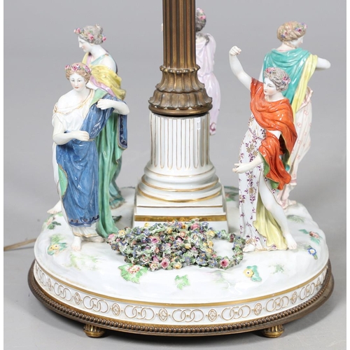 612 - MEISSEN CENTREPIECE - DANCE OF THE HORAE. A large 19thc Meissen centrepiece now converted into a lam... 