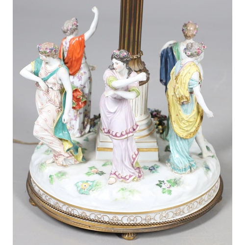 612 - MEISSEN CENTREPIECE - DANCE OF THE HORAE. A large 19thc Meissen centrepiece now converted into a lam... 