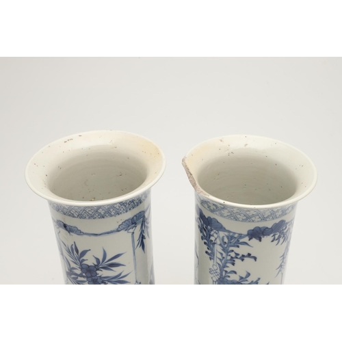 614 - PAIR OF CHINESE BLUE & WHITE SLEEVE VASES & PAIR OF MOON FLASK VASES. Late 19thc, the slender vases ... 