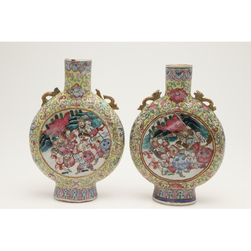 614 - PAIR OF CHINESE BLUE & WHITE SLEEVE VASES & PAIR OF MOON FLASK VASES. Late 19thc, the slender vases ... 