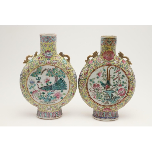 614 - PAIR OF CHINESE BLUE & WHITE SLEEVE VASES & PAIR OF MOON FLASK VASES. Late 19thc, the slender vases ... 