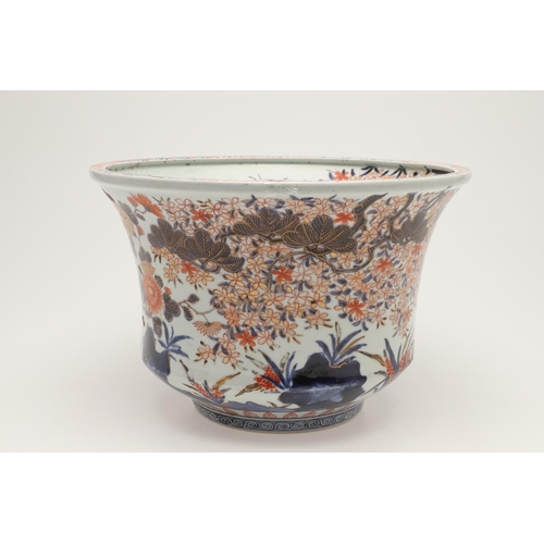 615 - JAPANESE IMARI JARDINIERE & PAIR OF IMARI VASES. 18th of 19thc, the Imari jardiniere with a flared r... 