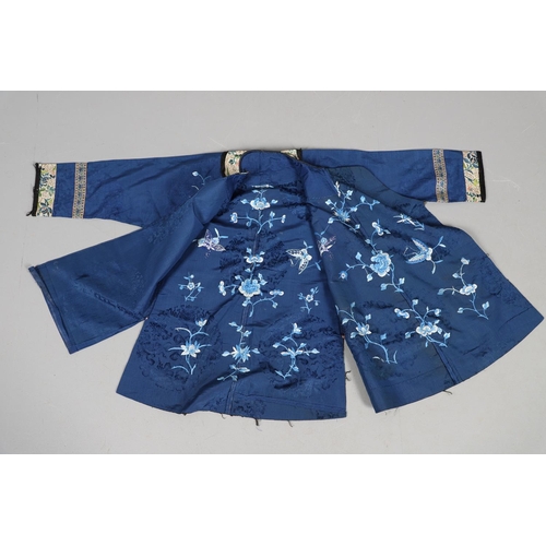 616 - ANTIQUE CHINESE SILK JACKET & TROUSERS. Possibly made for a Child, the blue silk jacket embroidered ... 