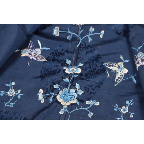 616 - ANTIQUE CHINESE SILK JACKET & TROUSERS. Possibly made for a Child, the blue silk jacket embroidered ... 