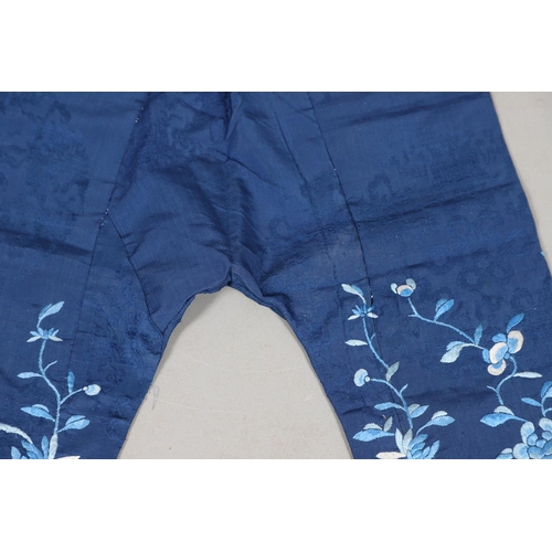 616 - ANTIQUE CHINESE SILK JACKET & TROUSERS. Possibly made for a Child, the blue silk jacket embroidered ... 