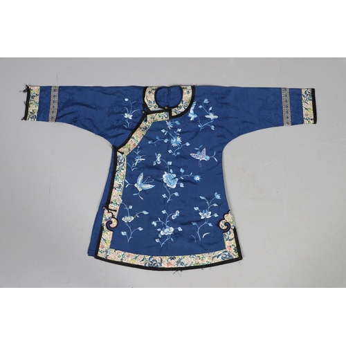 616 - ANTIQUE CHINESE SILK JACKET & TROUSERS. Possibly made for a Child, the blue silk jacket embroidered ... 