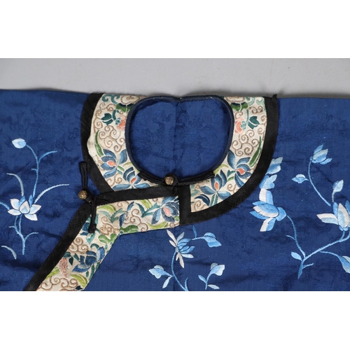 616 - ANTIQUE CHINESE SILK JACKET & TROUSERS. Possibly made for a Child, the blue silk jacket embroidered ... 