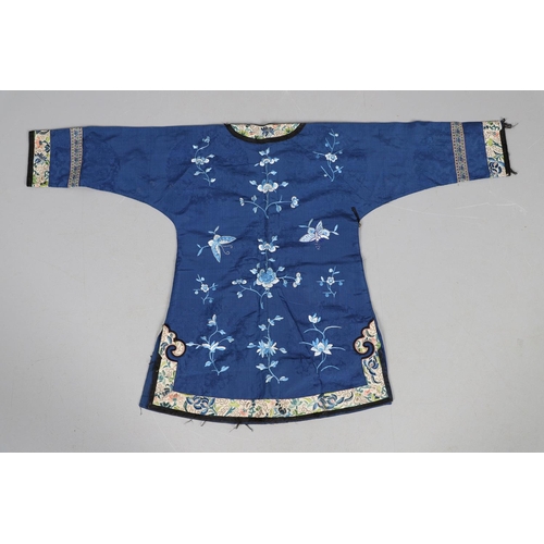 616 - ANTIQUE CHINESE SILK JACKET & TROUSERS. Possibly made for a Child, the blue silk jacket embroidered ... 