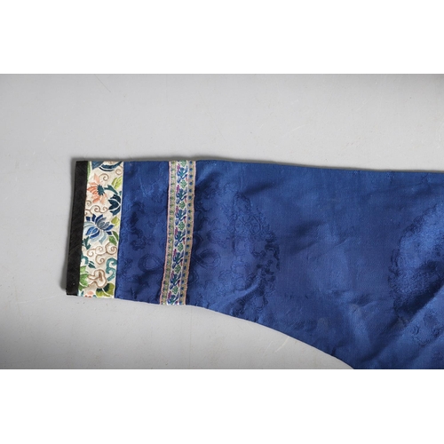 616 - ANTIQUE CHINESE SILK JACKET & TROUSERS. Possibly made for a Child, the blue silk jacket embroidered ... 