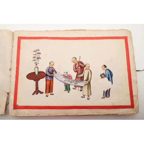 623 - ALBUM OF CHINESE PITH PAINTINGS. An album with 12 pith paintings, each showing a variety of figures ... 