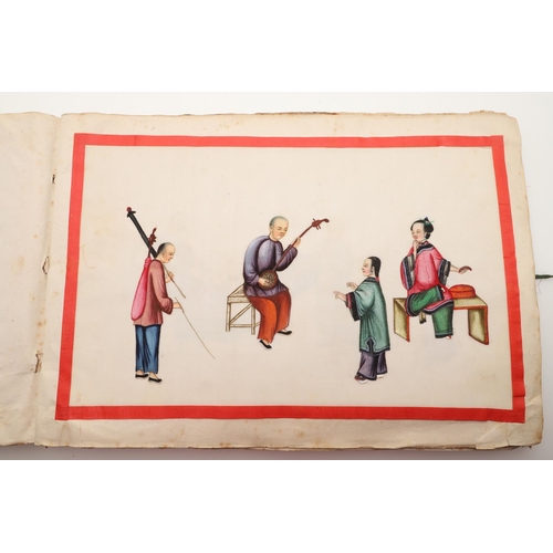 623 - ALBUM OF CHINESE PITH PAINTINGS. An album with 12 pith paintings, each showing a variety of figures ... 