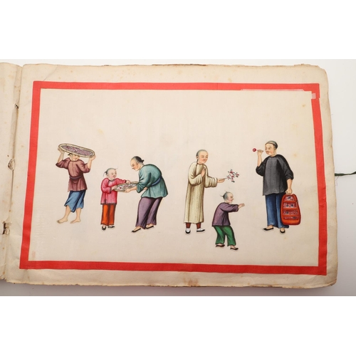 623 - ALBUM OF CHINESE PITH PAINTINGS. An album with 12 pith paintings, each showing a variety of figures ... 