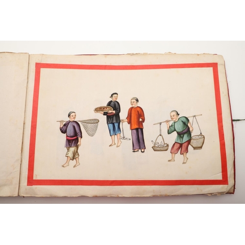 623 - ALBUM OF CHINESE PITH PAINTINGS. An album with 12 pith paintings, each showing a variety of figures ... 