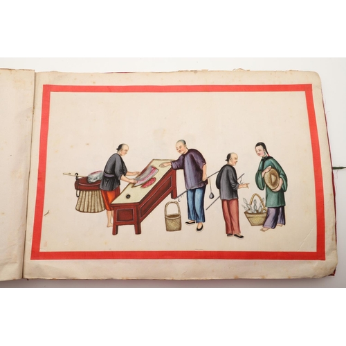 623 - ALBUM OF CHINESE PITH PAINTINGS. An album with 12 pith paintings, each showing a variety of figures ... 