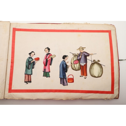 623 - ALBUM OF CHINESE PITH PAINTINGS. An album with 12 pith paintings, each showing a variety of figures ... 