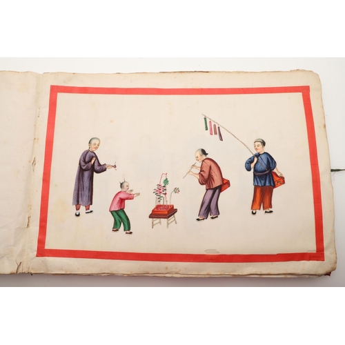 623 - ALBUM OF CHINESE PITH PAINTINGS. An album with 12 pith paintings, each showing a variety of figures ... 