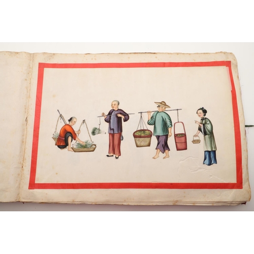 623 - ALBUM OF CHINESE PITH PAINTINGS. An album with 12 pith paintings, each showing a variety of figures ... 