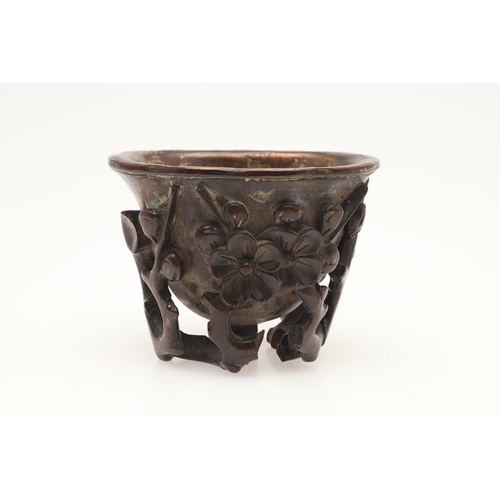 628 - CHINESE CARVED WOODEN CUP, BRONZE DOG OF FO & CLOISONNE VASES. A mixed lot including an interesting ... 