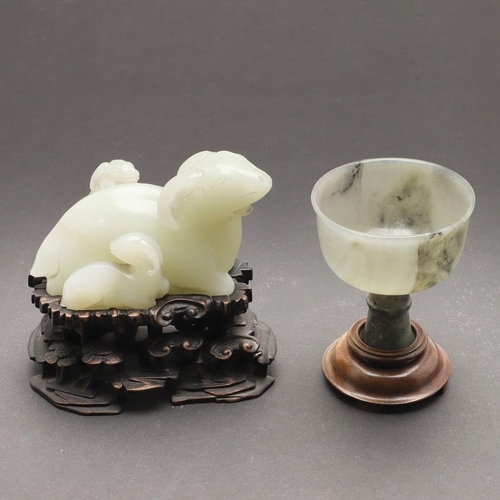 635 - CHINESE JADE RAM & WOODEN STAND, & JADE STEM CUP. Probably 20thc, a carved celadon jade recumbent Ra... 