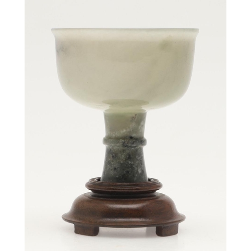 635 - CHINESE JADE RAM & WOODEN STAND, & JADE STEM CUP. Probably 20thc, a carved celadon jade recumbent Ra... 