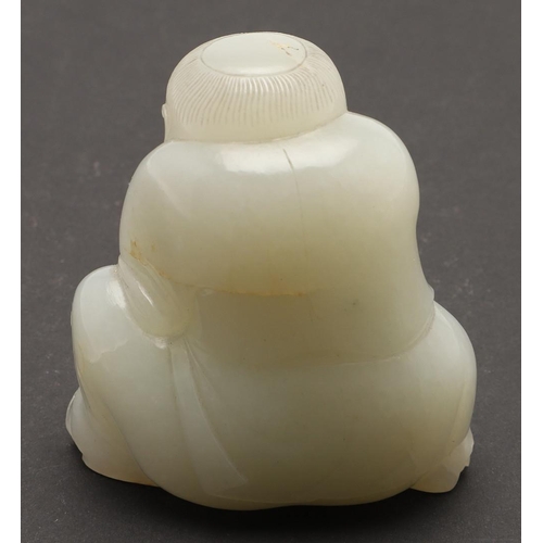 636 - CHINESE CELADON JADE FIGURE. Probably 19thc, a carved celadon jade of a crouching figure, the figure... 