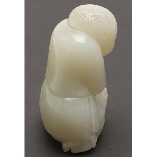 636 - CHINESE CELADON JADE FIGURE. Probably 19thc, a carved celadon jade of a crouching figure, the figure... 