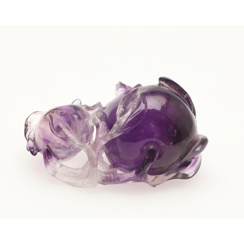 638 - CHINESE AMETHYST PEACH CARVING & SMALL GOURD VASE. A small amethyst carving of a peach, probably 19t... 