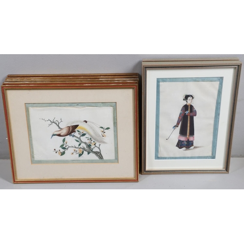 640 - CHINESE FRAMED PITH PAINTINGS. A collection of framed pith paintings, including six with depictions ... 