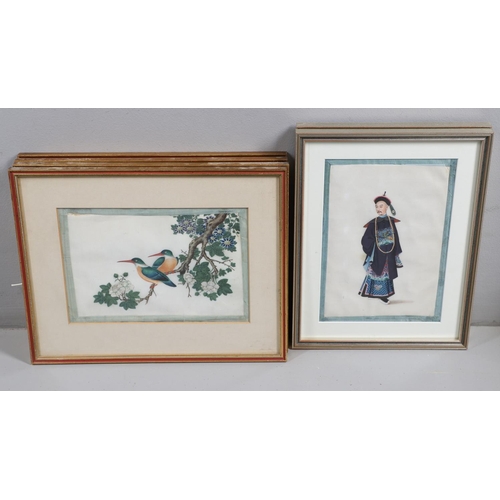 640 - CHINESE FRAMED PITH PAINTINGS. A collection of framed pith paintings, including six with depictions ... 