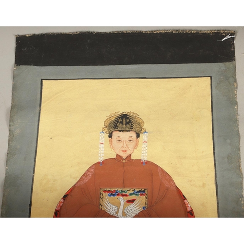 641 - CHINESE ANCESTOR PAINTING & ANOTHER PAINTING. Including a large painting on canvas, with depictions ... 