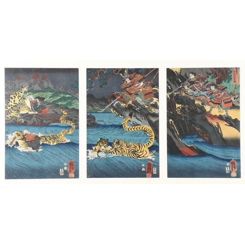 642 - AFTER UTAGAWA KUNIYOSHI (1797-1861) TRIPTYCH OF JAPANESE WOODBLOCK PRINTS. A triptych of Japanese wo... 