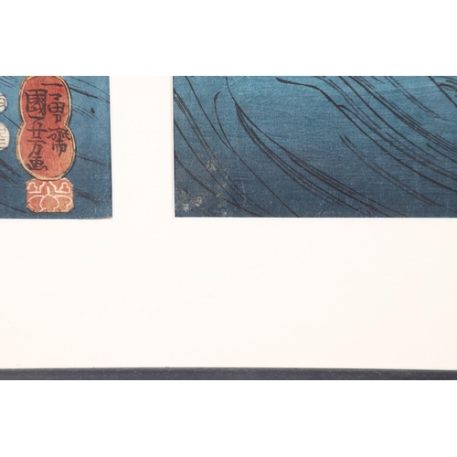 642 - AFTER UTAGAWA KUNIYOSHI (1797-1861) TRIPTYCH OF JAPANESE WOODBLOCK PRINTS. A triptych of Japanese wo... 