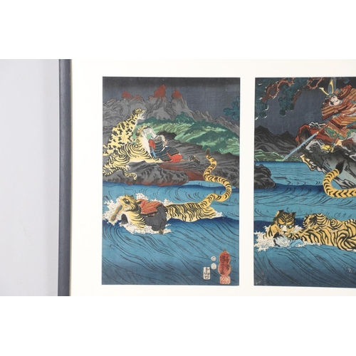 642 - AFTER UTAGAWA KUNIYOSHI (1797-1861) TRIPTYCH OF JAPANESE WOODBLOCK PRINTS. A triptych of Japanese wo... 