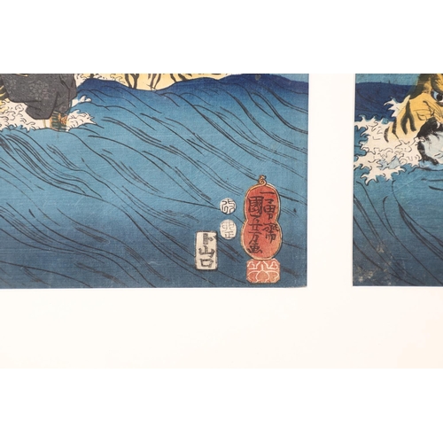 642 - AFTER UTAGAWA KUNIYOSHI (1797-1861) TRIPTYCH OF JAPANESE WOODBLOCK PRINTS. A triptych of Japanese wo... 